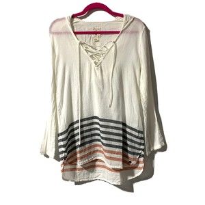 Billabong Tunic Hooded Lace Up Gauze Top Long Sleeve Cream Stripe Size M Medium
